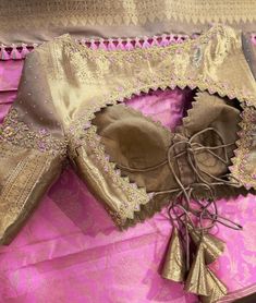 Lehenga Blouse Designs Aari Work, Aari Work Blouse For Lehenga, Blouse With Latkan, Luxury Gold Blouse With Dori Work, Silk Blouse With Dori Work For Wedding, Copper Maggam Work On Blouse, Silk Blouse Pattern, Boat Neck Blouse Design