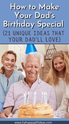 an older man sitting in front of a cake with candles on it and two women standing behind him