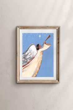 a painting of an angel holding a baseball bat in it's right hand and looking up at the sky