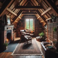 a living room filled with lots of furniture and bookshelves next to a fire place