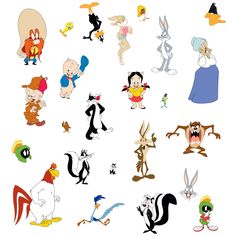 various cartoon characters are grouped together on a white background