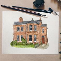 a watercolor painting of a brick house