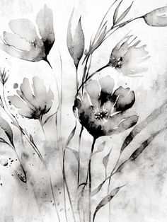 black and white painting of flowers with watercolor effect