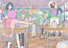 an anime scene with people sitting at desks and eating food in front of them