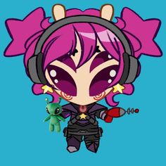 an anime character with pink hair and headphones holding a stuffed animal in front of her face