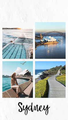 the sydney skyline is shown in four different pictures