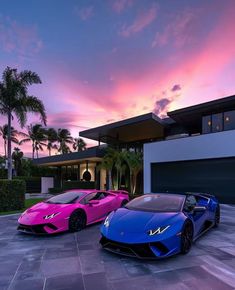 two pink and blue lambs parked in front of a house at sunset with palm trees