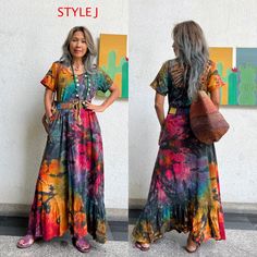 Colorful tie dye maxi dress cutwork at the back. Cotton blend spandex.( a little bit stretchable) 2 side pockets. 4 different styles. Model 5'5 30-27-38 One size as the measurements: Chest 40 stretch up to 48 in max. Sleeve 7.2 in Hips stretch up to 52 in. Waist 38 stretch up to 46 in Length 53 in. CARE: Machine wash cold separate for the first few time. Bohemian Tie-dye Maxi Dress For Vacation, Bohemian Tie-dye Maxi Dress For Festivals, Cutwork Dress, Casual Hand-dyed Tie Dye Maxi Dress, Summer Tie Dye V-neck Maxi Dress, Bohemian Tie-dye Maxi Beach Dress, Vacation Maxi Dress, Dress Vacation, Boho Tie Dye