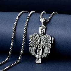 Men Silver Large Winged Cross Pendant Necklace Christian Jewelry Box Chain 24" | eBay Gothic Winged Jewelry For Gifts, Gothic Winged Jewelry Gift, Metal Wheat Chain Necklace As A Gift, Metal Wheat Chain Necklace Gift, Metal Wing-shaped Jewelry Gift, Necklace Christian, Crucifix Necklace, Cross Gift, Mens Necklace