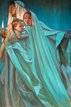 an oil painting of three people wrapped in blue cloths and holding a lit candle