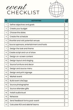 Event checklist with activities to start planning a corporate event such as define goals, create budget, shortlist venues and post-event activities such as send feedback forms. There is a box to check each of these tasks off when completed. Event Planner Checklist, Event Management Ideas, Restaurant Checklist, Wedding Vendors Checklist, Empowerment Event, Stakeholder Engagement, Event Planning Checklist Templates