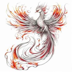 an artistic drawing of a bird with red and orange flames on it's wings