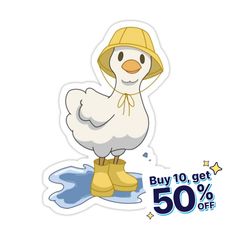 a white chicken with a yellow hat and boots on it's feet is standing in the water