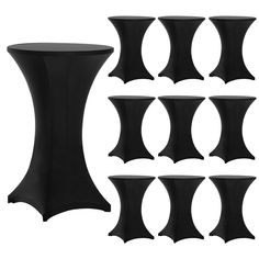 a set of six black tables with different sizes and shapes on the top one is round