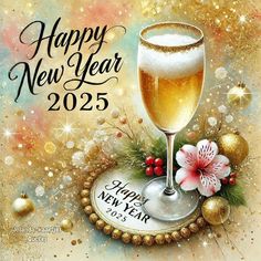 a happy new year greeting card with a glass of wine and decorations on it,