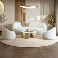 an elegant living room with white furniture and gold accents on the walls, along with a round rug