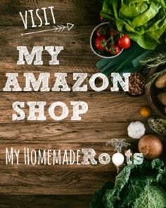 the words visit my amazon shop are surrounded by fresh vegetables and fruits on a wooden table