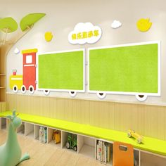 a child's playroom with toys and green walls