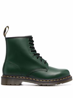 Green leather 1460 8-Eye leather boots from DR. MARTENS featuring contrast stitching, metal eyelet detailing, front lace-up fastening, ankle-length, logo pull-tab at the heel, low block heel and gum-rubber sole. | Dr. Martens 1460 8-Eye leather boots Jadon Platform Boots, Dr Martens Boots, Leather Lace Up Boots, Boot Brands, Shoes Uk, Designer Boots, Leather Lace, Pull Tab, Green Leather