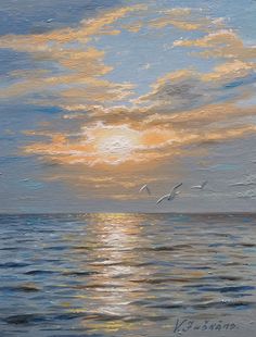 an oil painting of the sun setting over the ocean with seagulls flying by