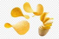 potato chips falling into the air with their peels still attached to them, on a white background