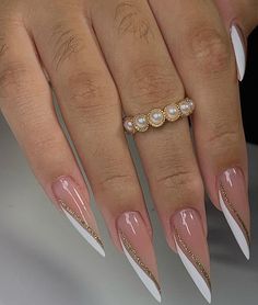 French Manicure Almond Nails Design, New Years Nail Designs Stiletto, Long Almond Nails Designs Winter, Simple Wedding Nail Ideas, Cross Design On Nails, White Sharp Nails, French And Gold Nails, White And Gold Nails Almond, Nails Inspo Stiletto