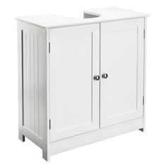 a white cabinet with two doors and drawers