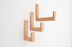 two wooden pegs are hanging on the wall