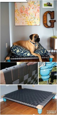 a dog laying on top of a bed in a living room next to a painting