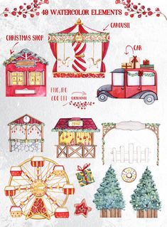 watercolor elements for christmas and new year's decorations, such as ferris wheel, fire truck, carnival tent, car