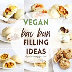 vegan bao bun filling ideas on a white plate with text overlay that reads, vegan bao bun filling ideas