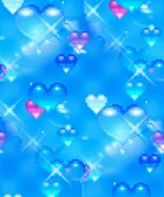 an abstract blue background with hearts and bubbles