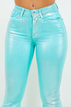 Add a sparkly twist to your denim collection with our Metallic Bell Bottom Jean in Turquoise! Functional pockets, a button and zipper closure, and a frayed hem add charm to this American-made garment. The unique garment-dye and metallic foil finish make it truly one-of-a-kind.This garment is made to order and is Final Sale. Made In: USAFabric Contents: 59% Cotton, 32% Tencil, 6% polyester, 3% lycra Stretch fabric Non-sheer fabric Care Instructions: Dry CleanSize Measurement (inch): 3: 26.0 (Wais Metallic Clothes, Dark Clothing, Pride Shoes, Leather Motorcycle Gloves, Classy Looks, Disco Pants, Hair Jewels, Outfit Styles, Fashion Creative