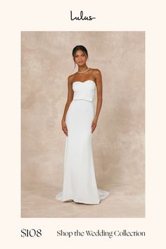 a woman in a white wedding dress with the words shop the wedding collection