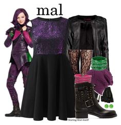 a woman in purple and black outfit with boots