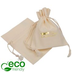 a white bag with a gold logo on the front and side, sitting next to another bag that says eco friendly