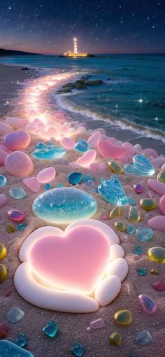 an image of a heart on the beach with bubbles and stars in the night sky