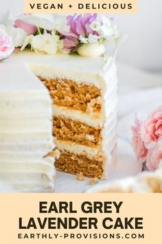 a cake with white frosting and flowers on top is shown in the foreground text reads, vegan + delicious