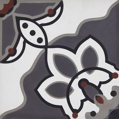 an abstract painting with black and white flowers on grey ground, in front of a gray background