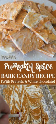 pumpkin spice bark candy recipe with pretzels and white chocolate is an easy treat