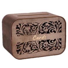 a decorative wooden box with the word cards on it's front and side panels