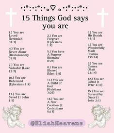 a pink poster with the words 15 things god says you are and an angel on it