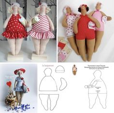 three different pictures of dolls made to look like people