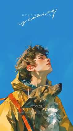 a painting of a person with a dog in his lap looking up at the sky