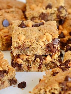 chocolate chip cookie bars stacked on top of each other