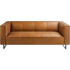 a tan leather couch with metal legs and arms on an isolated white background, viewed from the front