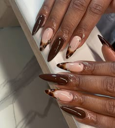 Long Brown Almond Nails, Jelly Nails Fall, Brown Nails Acrylic Almond, Boujee Nails, Red Acrylic Nails, Nail Decor, Stylish Nails Designs, Nails Now, Grunge Nails