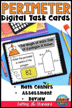 a tablet with the text perimeter digital task cards