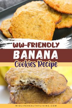 banana cookies are stacked on top of each other with the words, wa - friendly banana cookies recipe