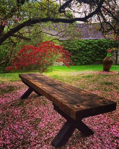 a wooden bench sitting in the middle of a lush green field filled with pink flowers